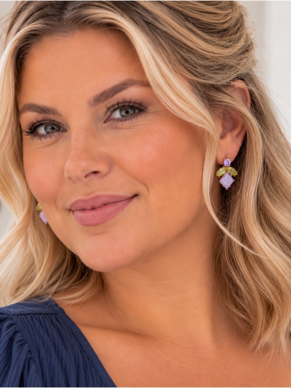 Gold Tone Purple & Green Statement Dangle Earrings Faceted Stone